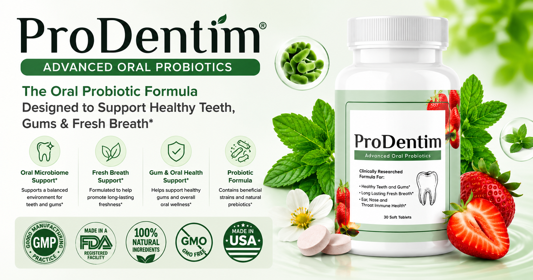 ProDentim oral-probiotic supplement packaging, illustrative product graphic